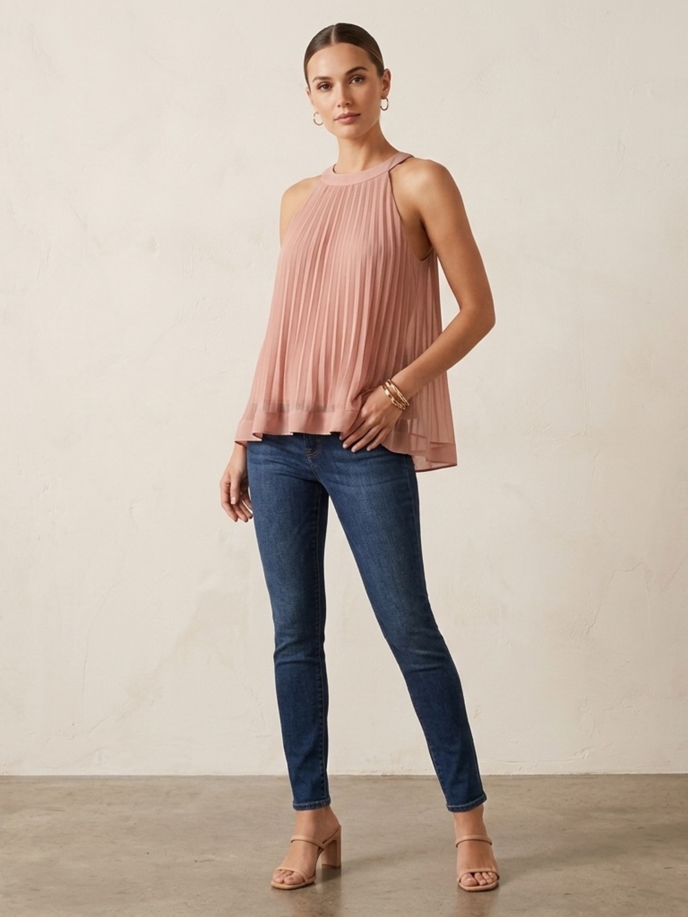 Halter Flowy Pleated Tank Top L Pink Minimalist Office Luxe Sheer